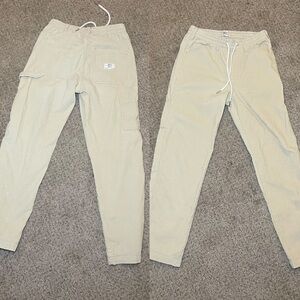 BDG corduroy carpenter pants in a tan/khaki color with a drawstring waist